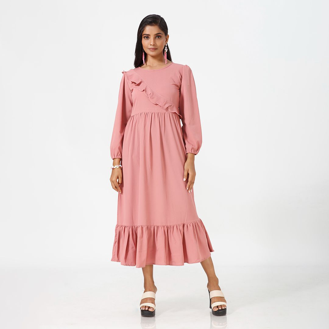 Plain flared midi western dress for women