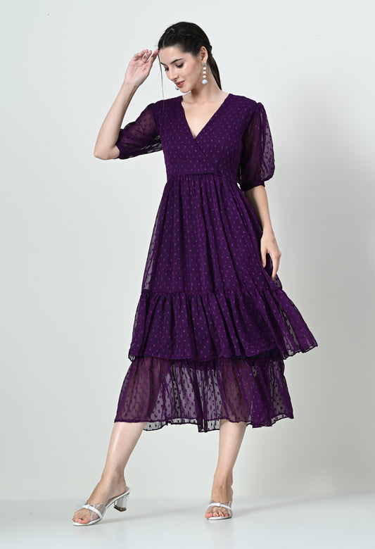 Elegant High Neck Wine Midi Dress in Chiffon and Butter Crepe Fabri