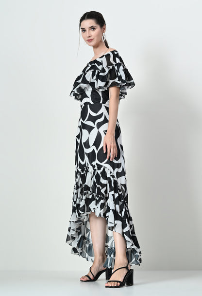 Stylish White Zebra Print Maxi Dress in Georgette Butter Crepe Fabric