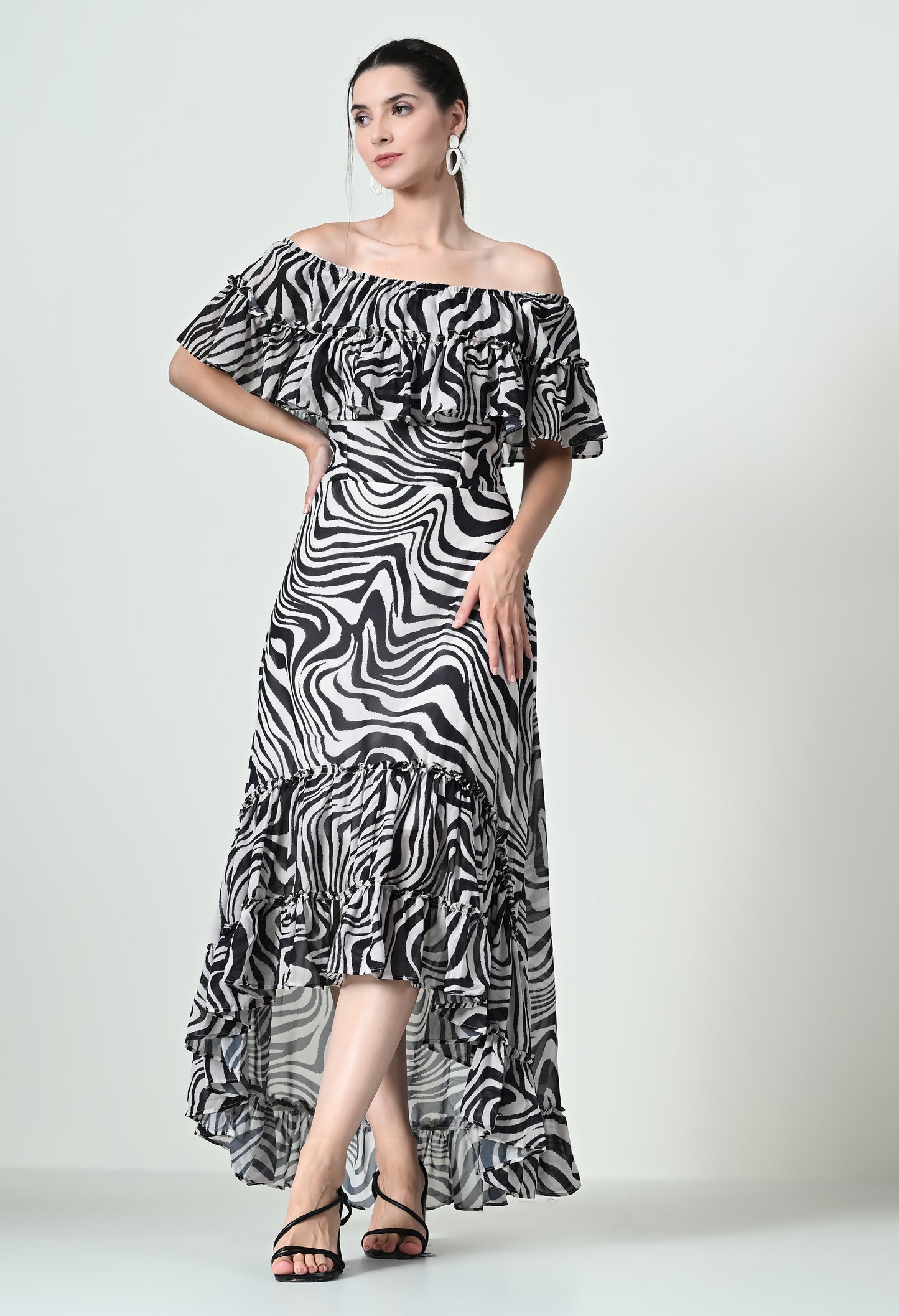 Stylish White Zebra Print Maxi Dress in Georgette Butter Crepe Fabric