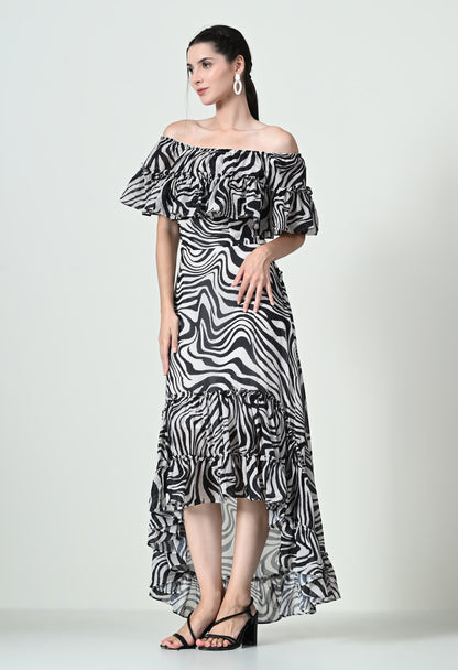 Stylish White Zebra Print Maxi Dress in Georgette Butter Crepe Fabric