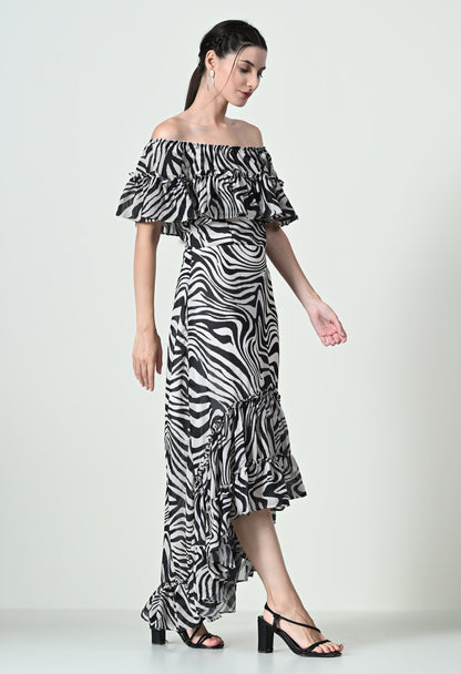 Stylish White Zebra Print Maxi Dress in Georgette Butter Crepe Fabric