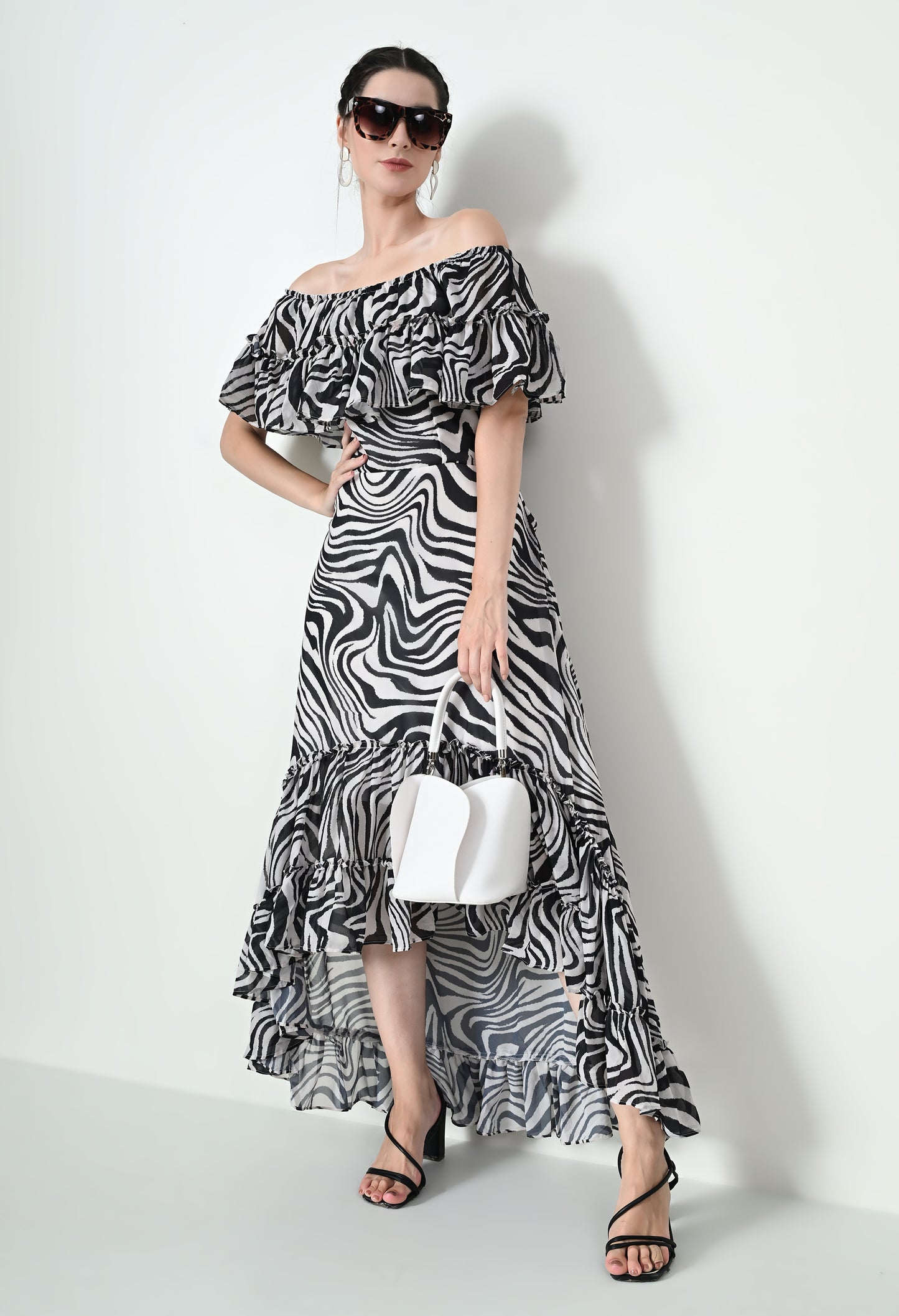 Stylish White Zebra Print Maxi Dress in Georgette Butter Crepe Fabric