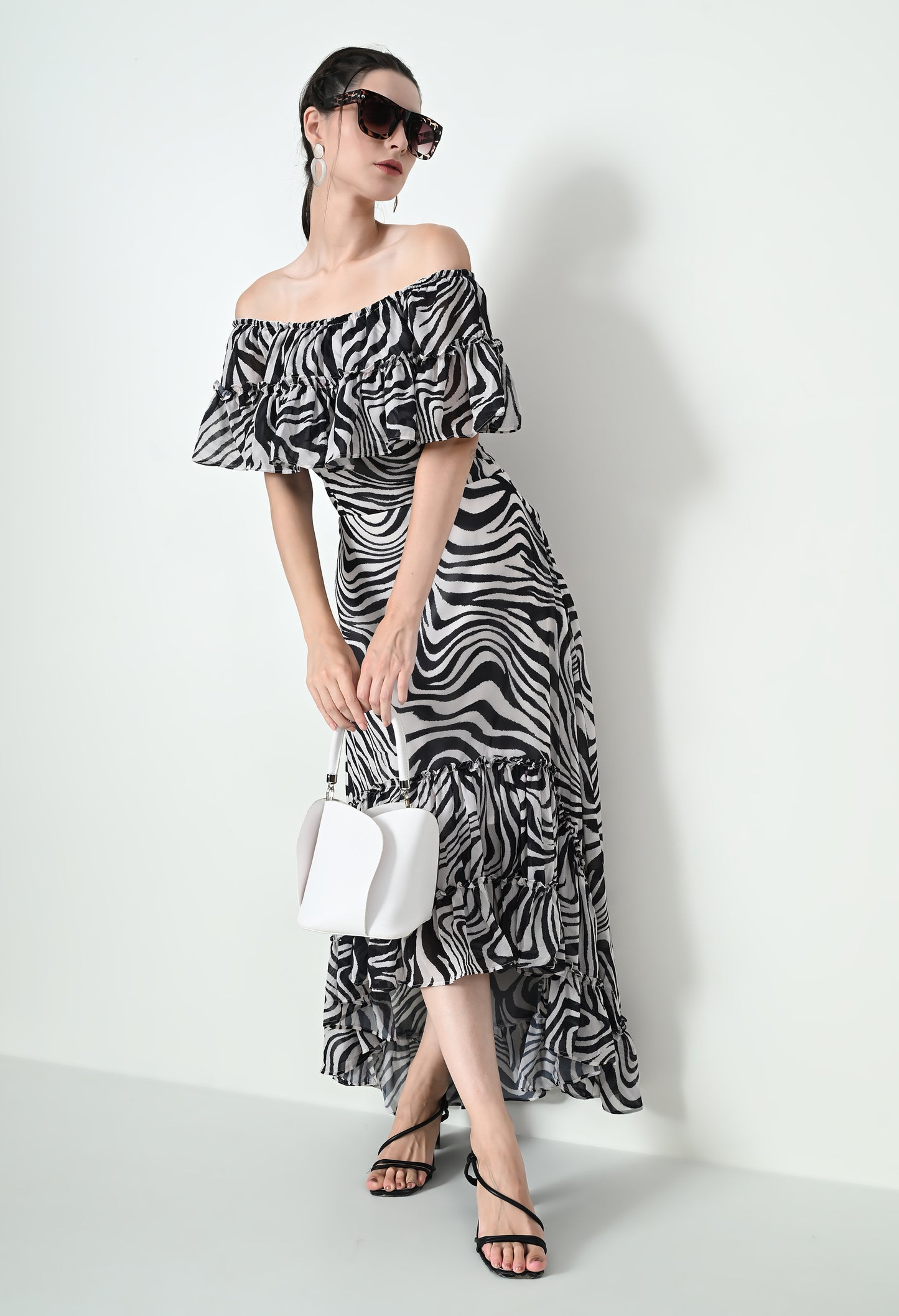 Stylish White Zebra Print Maxi Dress in Georgette Butter Crepe Fabric