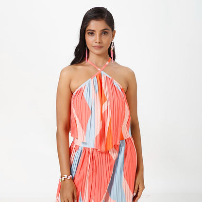 Elegant Striped Pleated Print Maxi Dress