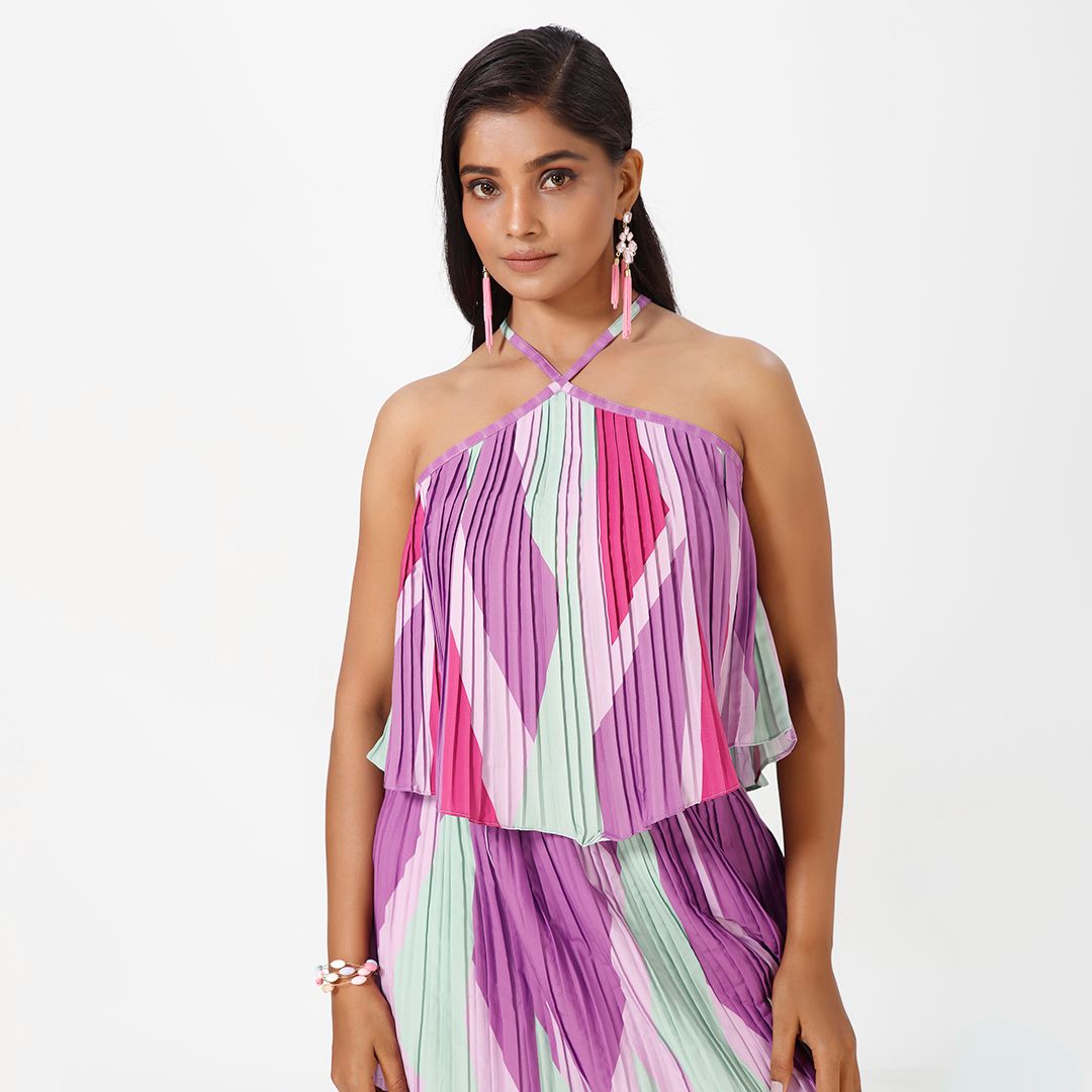 Elegant Striped Pleated Print Maxi Dress