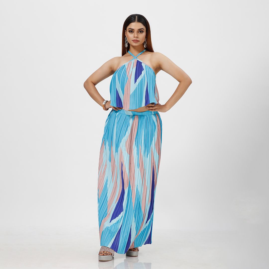 Elegant Striped Pleated Print Maxi Dress