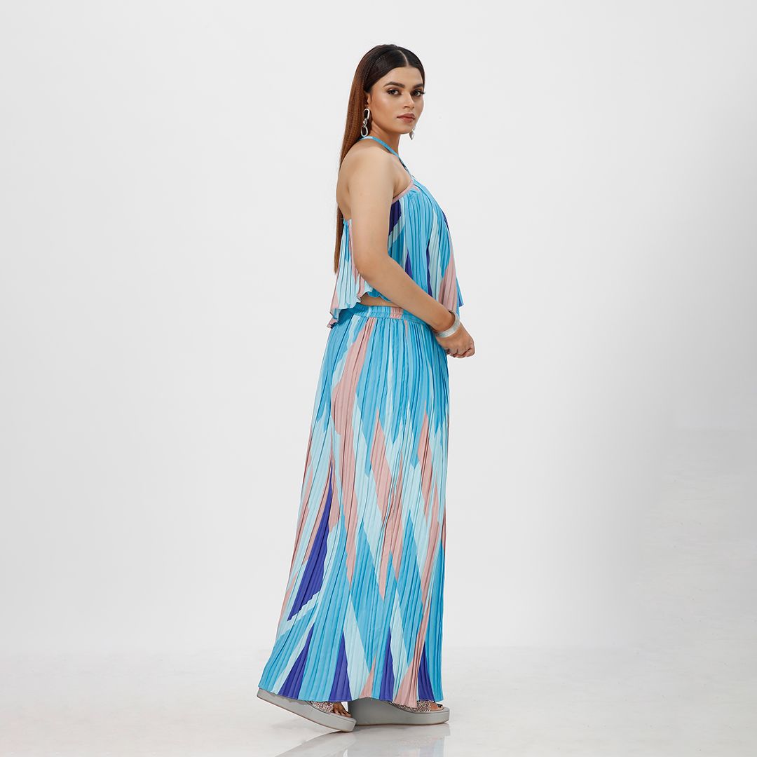 Elegant Striped Pleated Print Maxi Dress