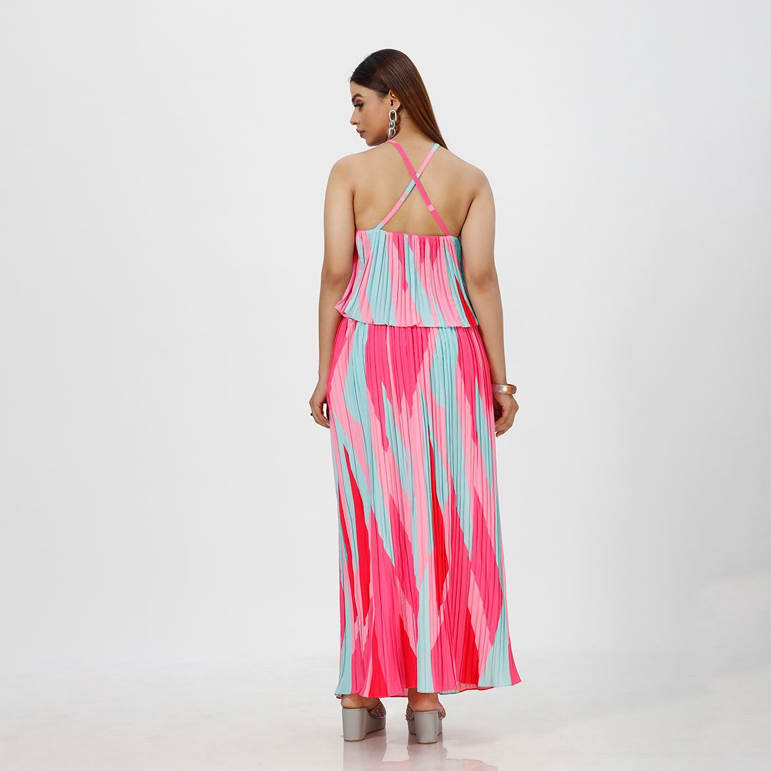 Elegant Striped Pleated Print Maxi Dress