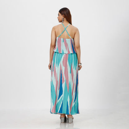 Elegant Striped Pleated Print Maxi Dress