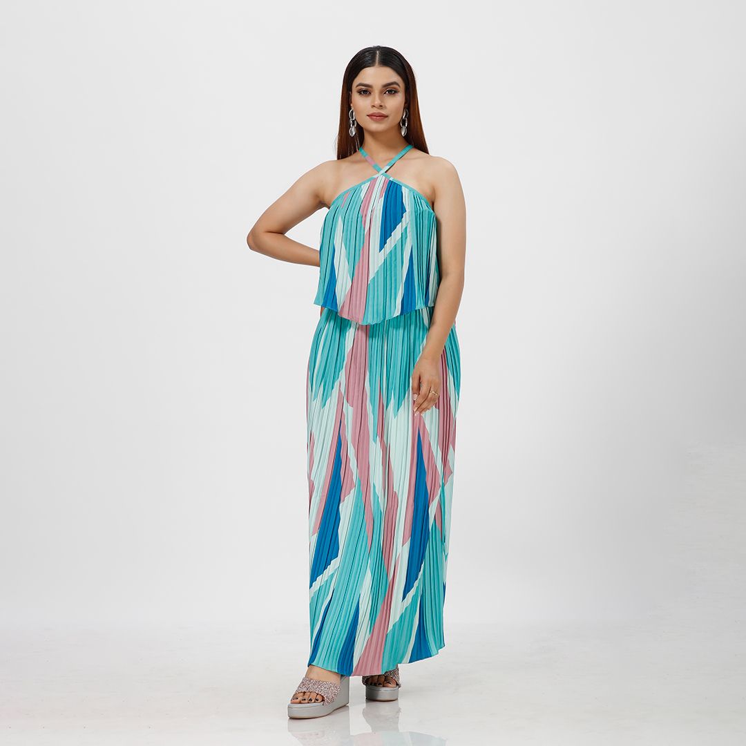 Elegant Striped Pleated Print Maxi Dress