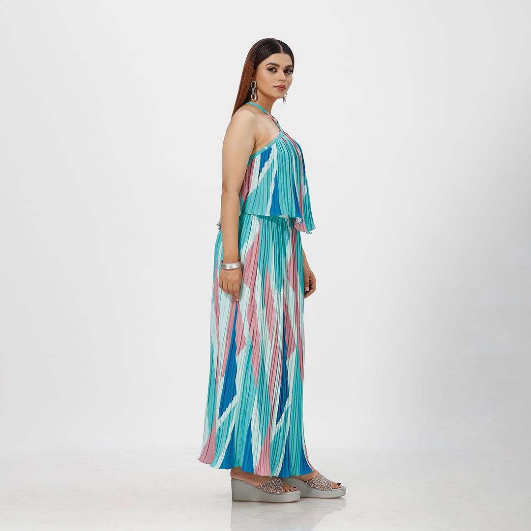 Elegant Striped Pleated Print Maxi Dress