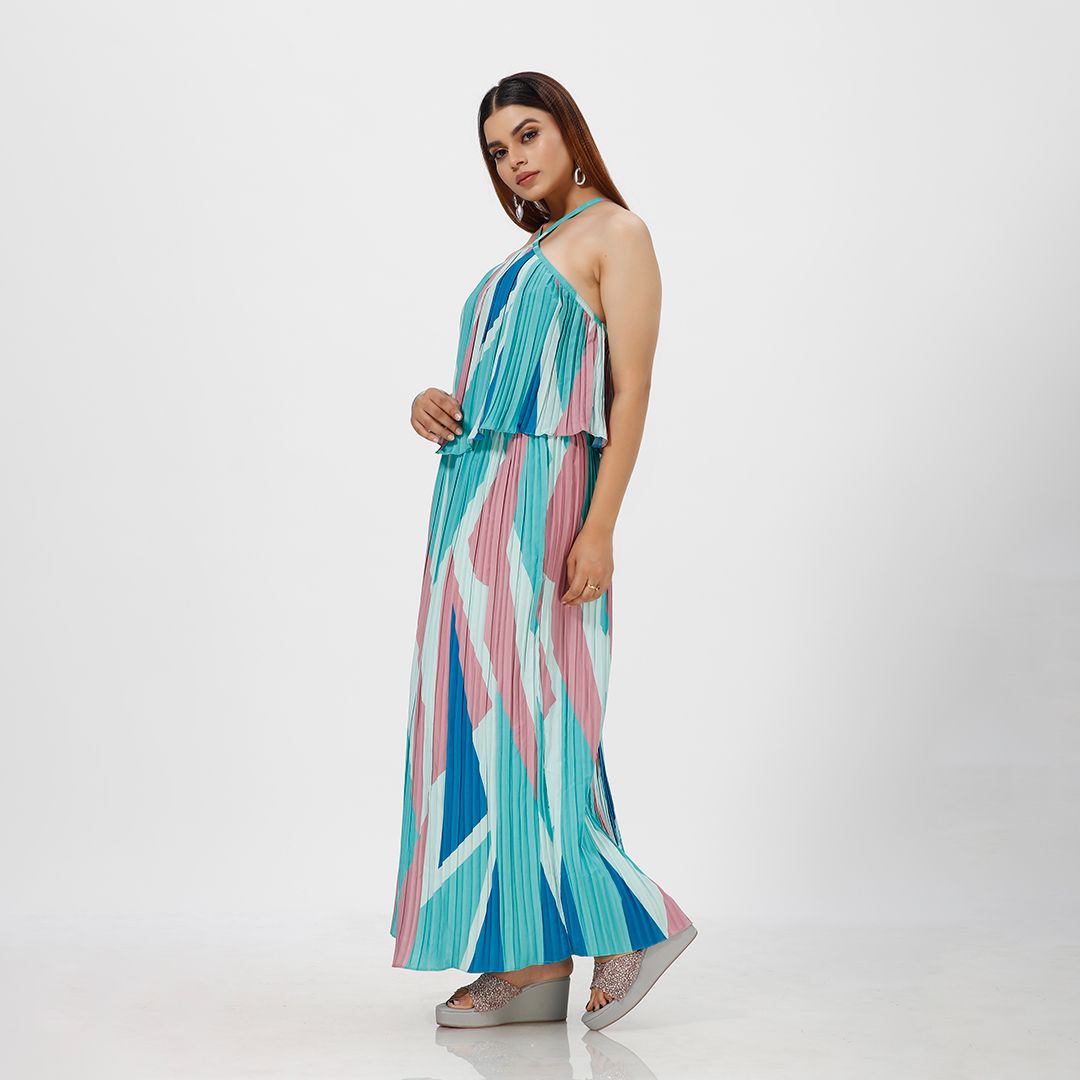 Elegant Striped Pleated Print Maxi Dress