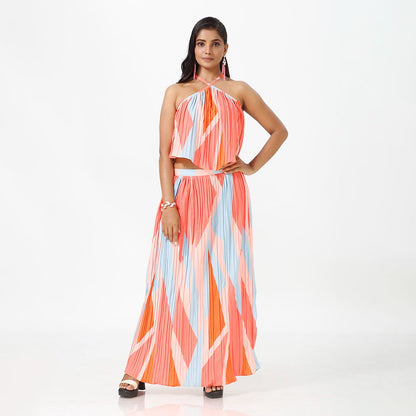 Elegant Striped Pleated Print Maxi Dress