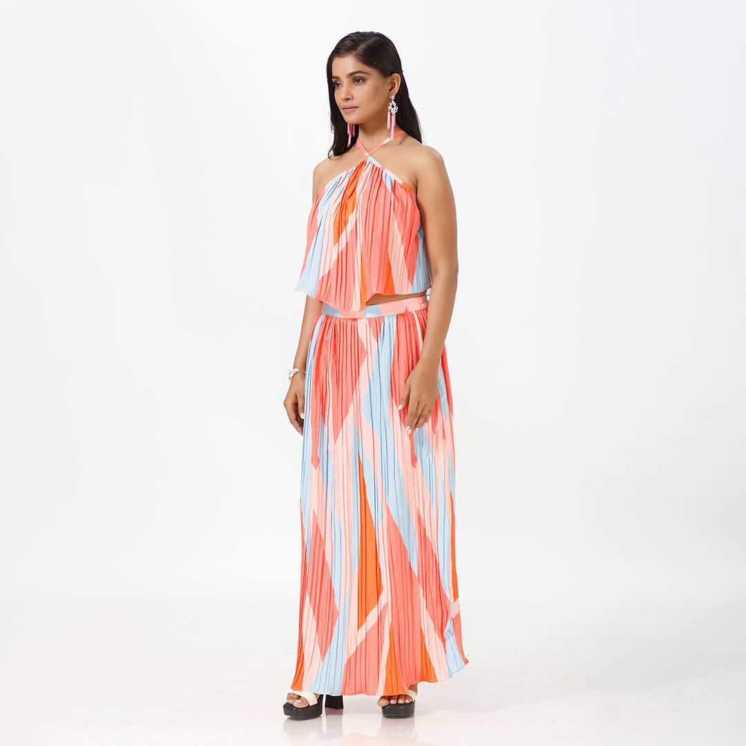 Elegant Striped Pleated Print Maxi Dress