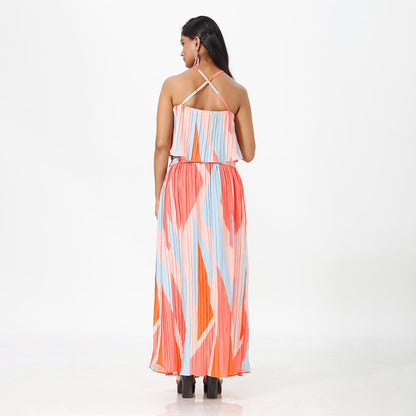 Elegant Striped Pleated Print Maxi Dress