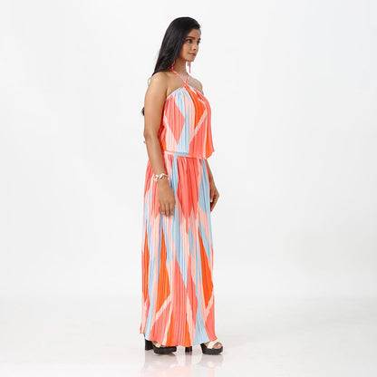 Elegant Striped Pleated Print Maxi Dress