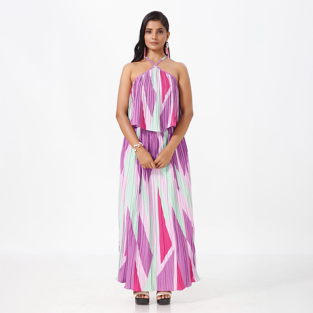 Elegant Striped Pleated Print Maxi Dress