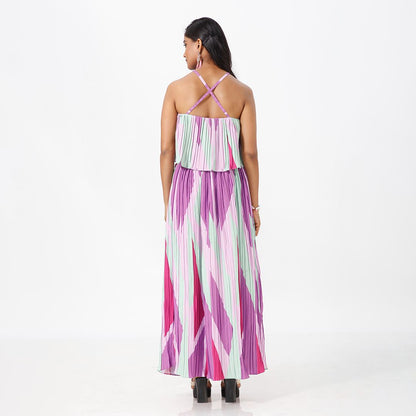 Elegant Striped Pleated Print Maxi Dress