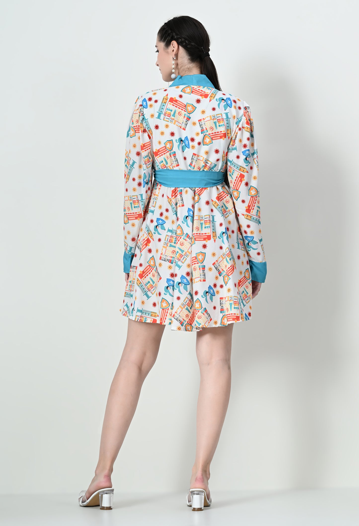 Vibrant Long Sleeve Midi Dress with Doctor Print in Crepe Fabric