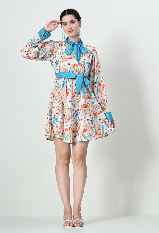 Vibrant Long Sleeve Midi Dress with Doctor Print in Crepe Fabric