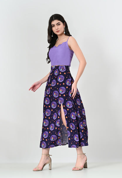 Trendy Two-Piece Crepe Outfit with Sleeveless Cropped Top and Patterned Long Skirt