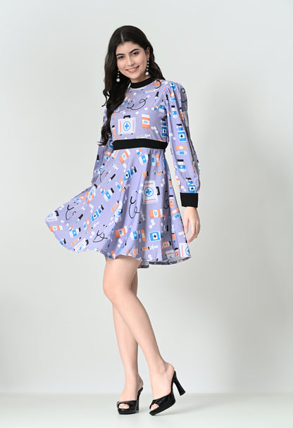 Trendy Full Sleeves Midi Dress with Medical Icon Print in Crepe Fabric