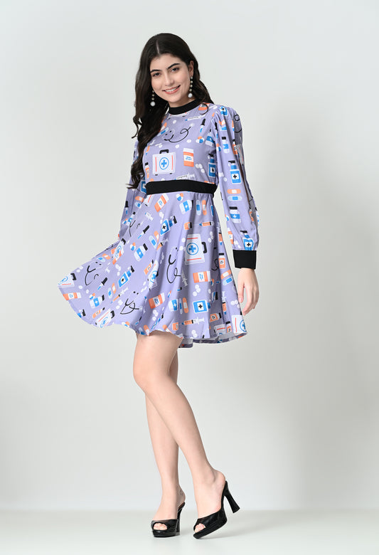 Trendy Full Sleeves Midi Dress with Medical Icon Print in Crepe Fabric