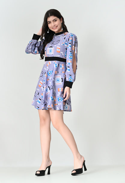 Trendy Full Sleeves Midi Dress with Medical Icon Print in Crepe Fabric