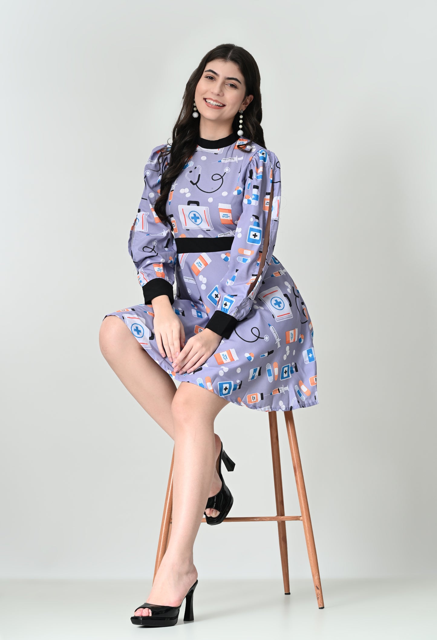 Trendy Full Sleeves Midi Dress with Medical Icon Print in Crepe Fabric